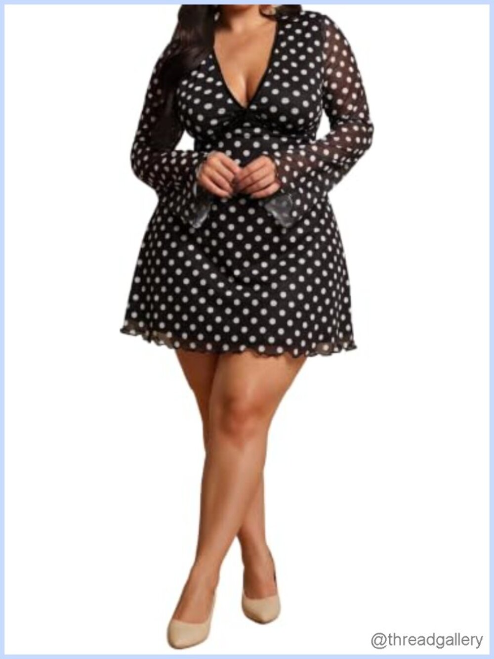 Plus Size Mini Dress V-Neck Bell Long Sleeve Ruffle Mesh Slim Fit Party